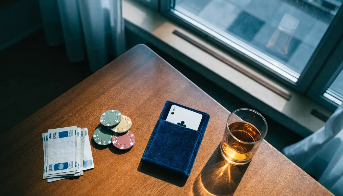 Euro sedlar, casinokmarker och en spelkort på ett träbord i ett modernt svenskt hem.