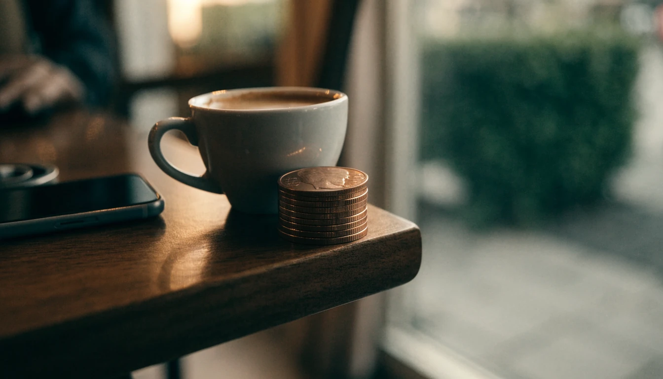 Svenska 20-kronors mynt på ett träbord bredvid en kaffekopp