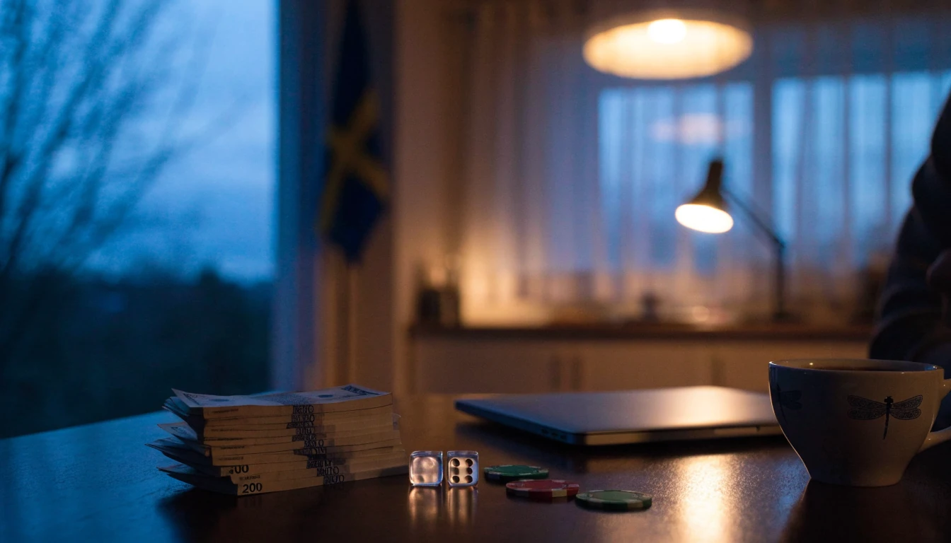 Svenskt vardagsrum med 200 kronor sedlar och casinotillbehör
