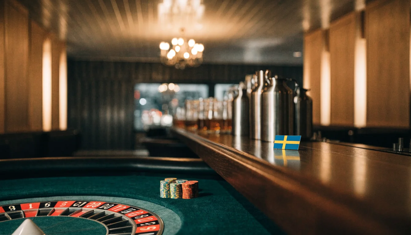 Elegant casino-lounge med roulettebord och casinomarker i svensk inredning