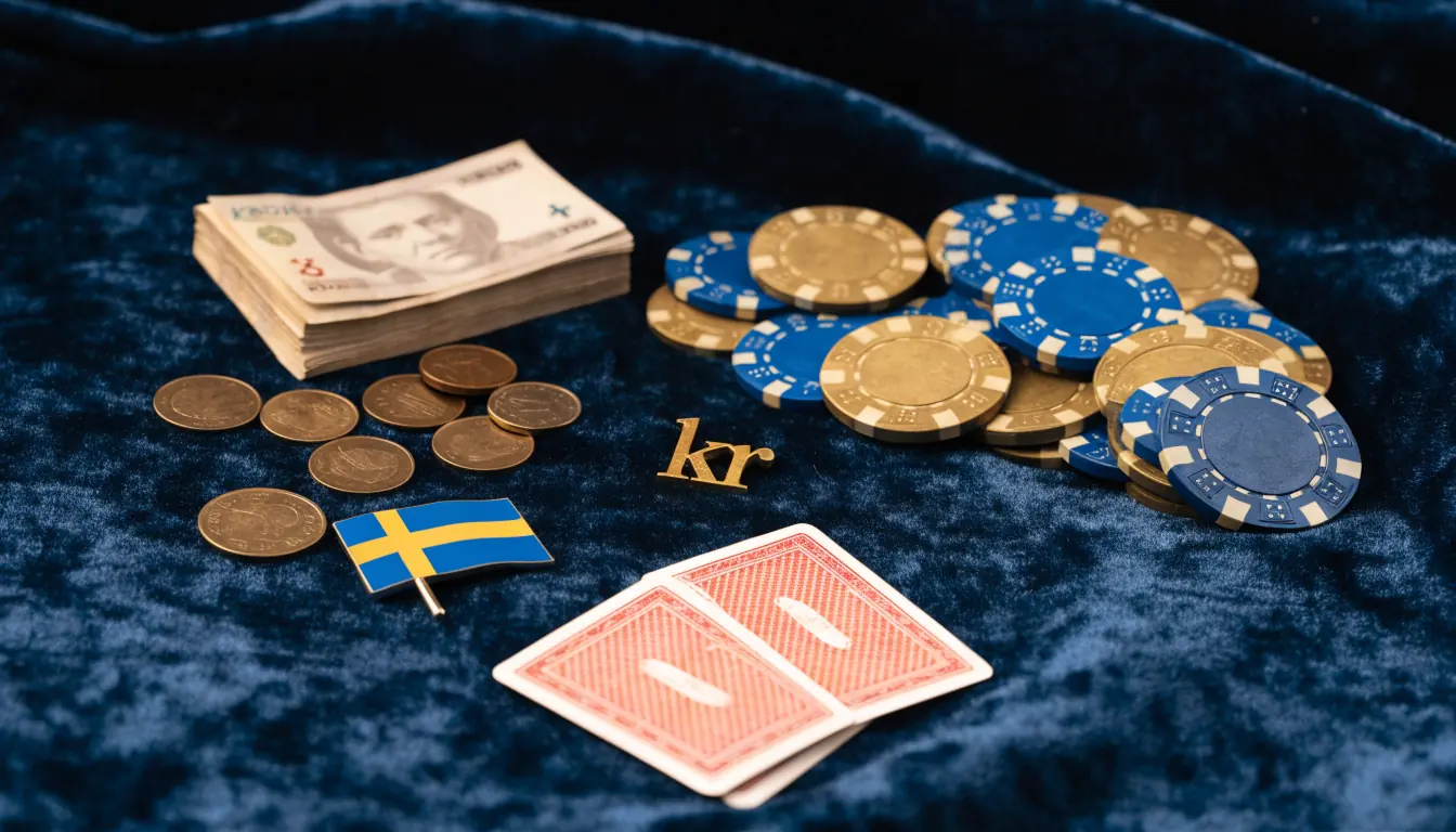 Stilrent arrangemang med svenska kronor, casinomarker och spelkort i blå och guld