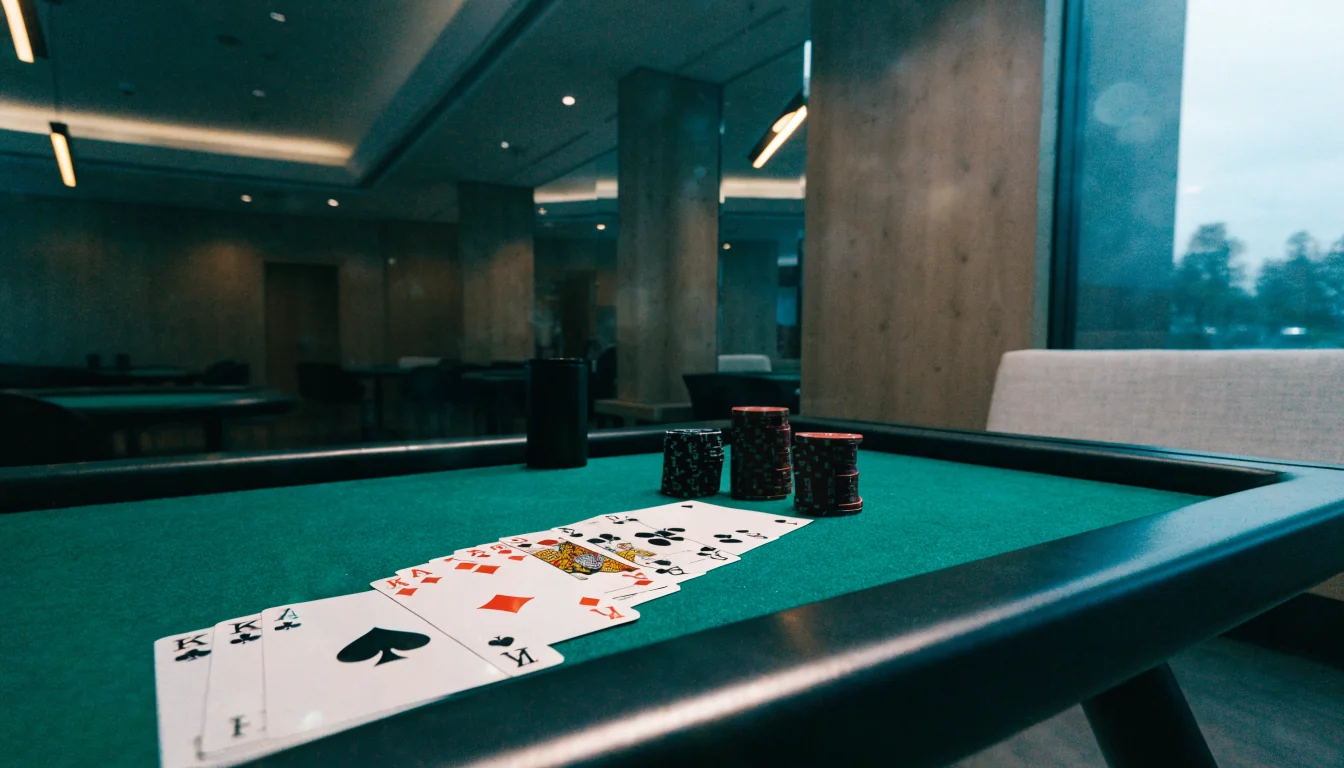 Elegant blackjackbord med kort och marker i modern skandinavisk casinomiljö