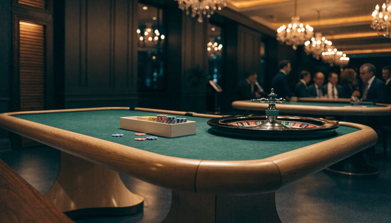 Elegant casinointeriör i Stockholm med roulettebord och guldbelysning