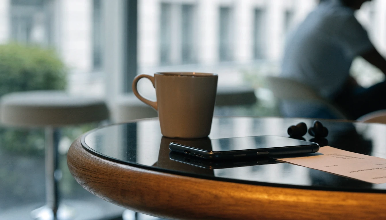 Smartfone på ett kafébord med kaffe och faktura i Stockholm