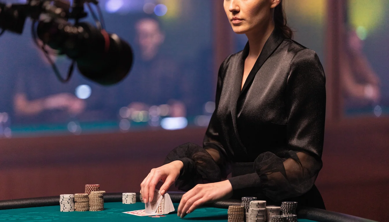Live dealer vid blackjackbord i casinostudio