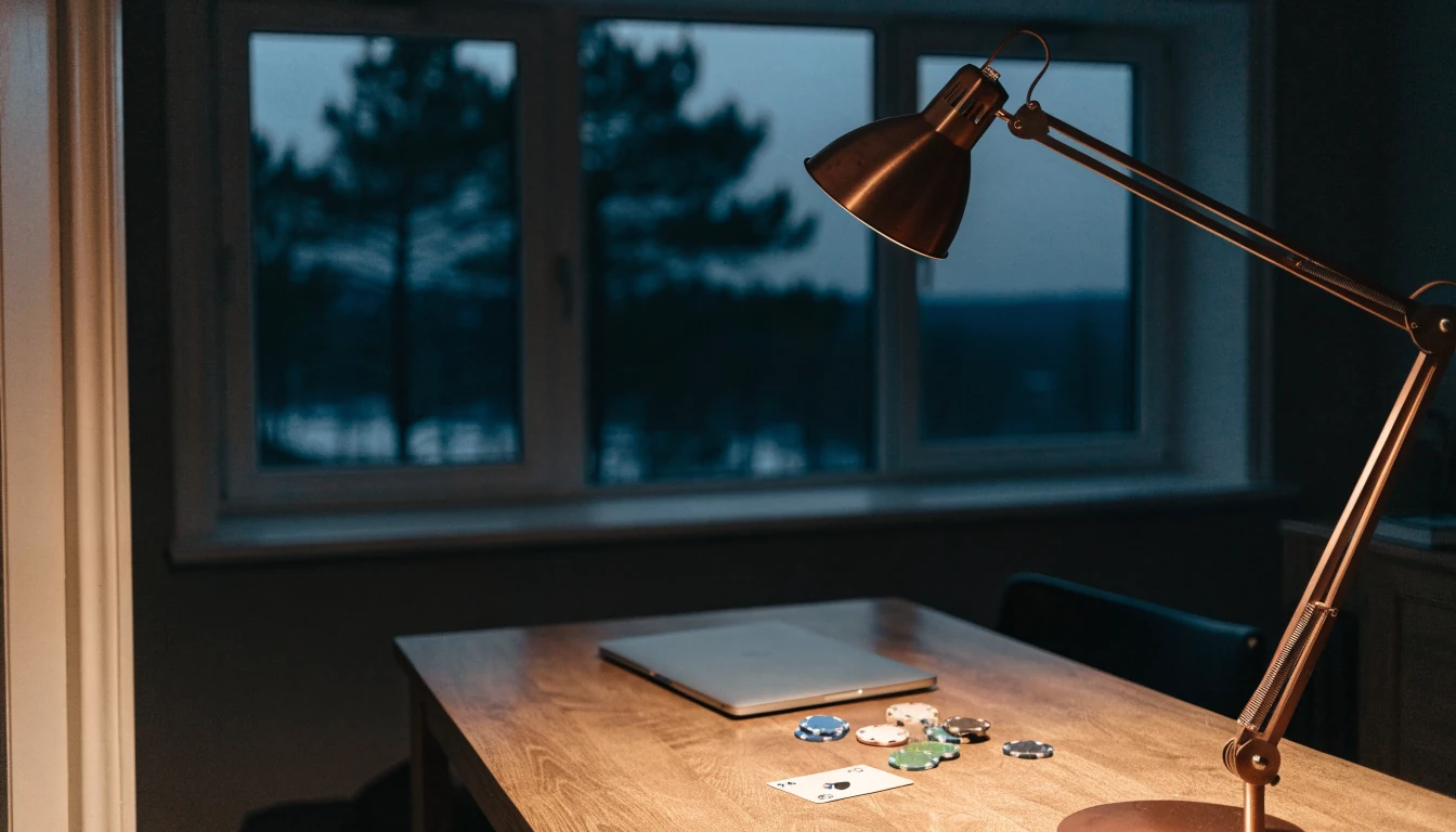 Skrivbord med stängd laptop, casinofärger och ett ess i mörkt svenskt hemmakontor