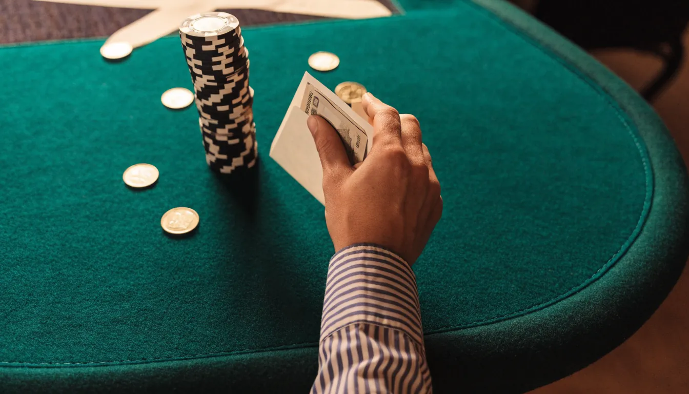 Casinochips och återbetalda pengar på ett gröntt filtbord
