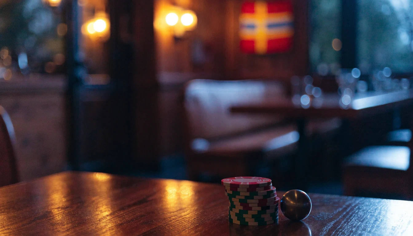 Svensk casinohörna med marker och roulettekula på bordet