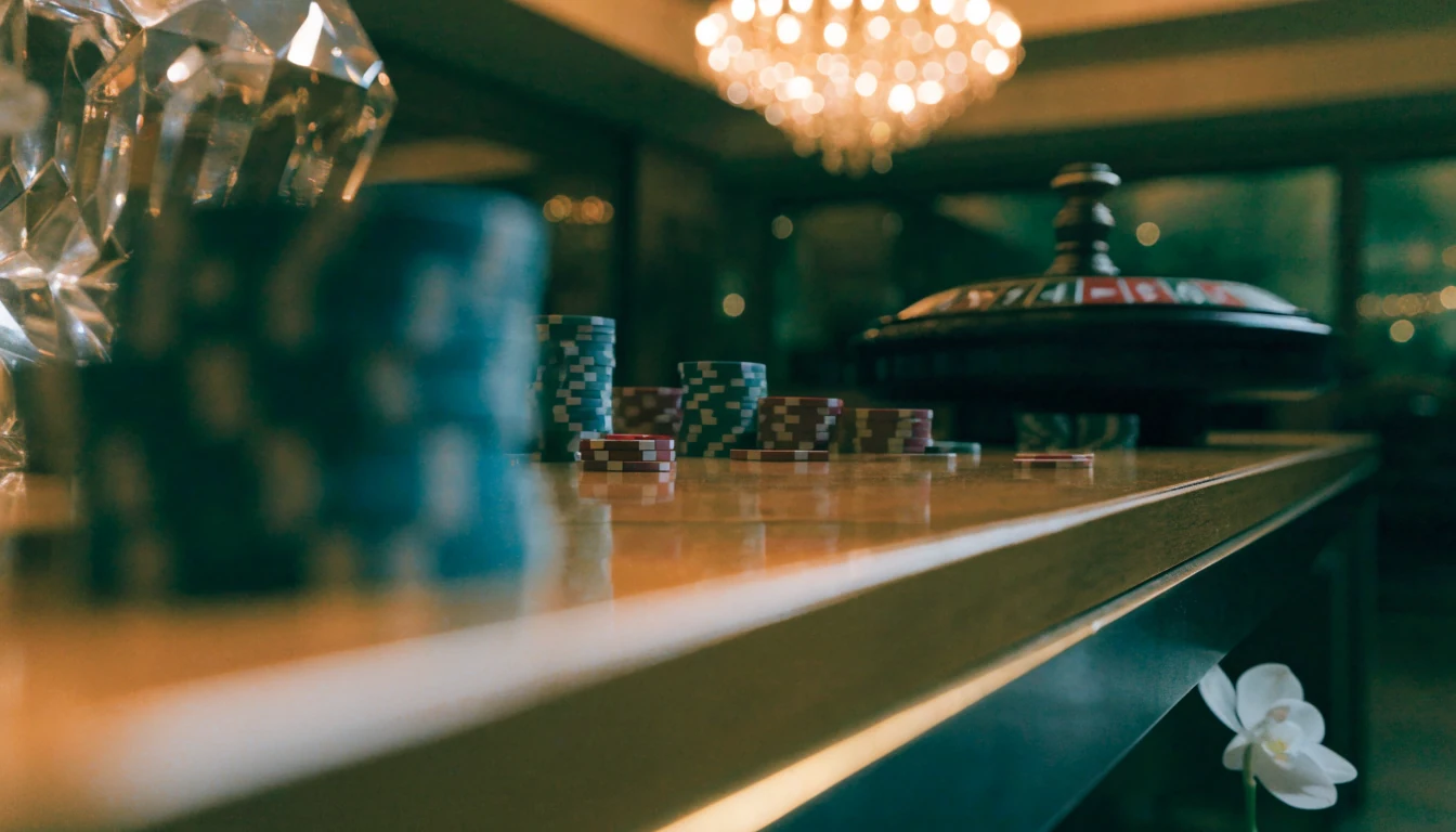 Stiliserad casinomiljö med marker och roulettehjul i elegant skandinavisk inredning
