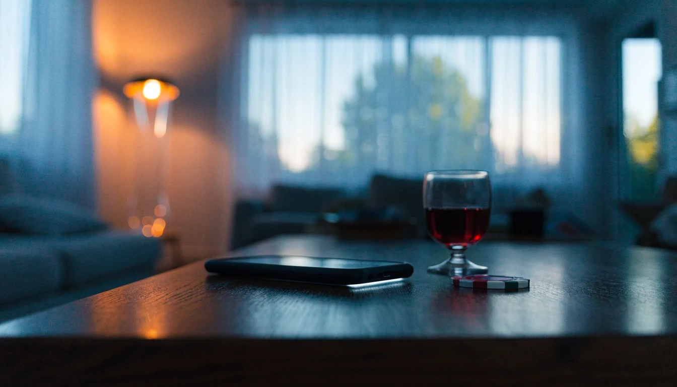 Modernt svenskt vardagsrum med telefon och casinomarker