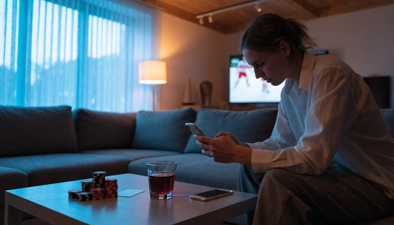 Svensk person med smartphone, spelpjäser och TV med hockeymatch i bakgrunden