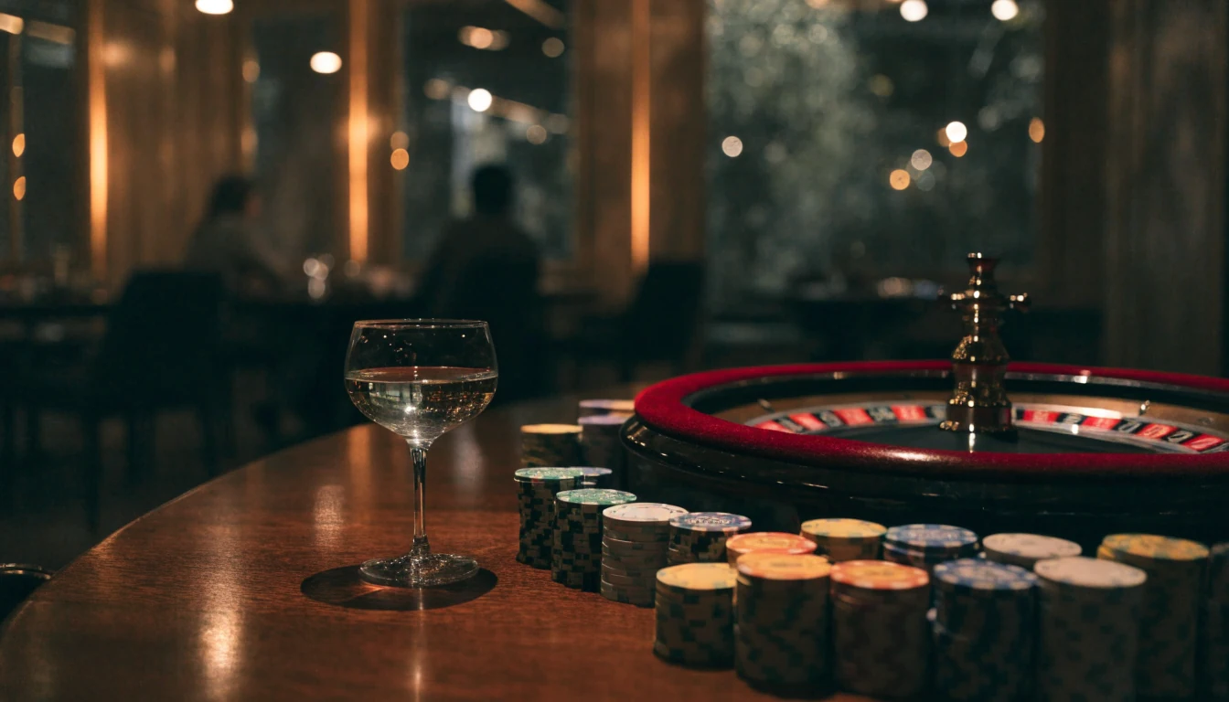 Stilren casinomiljö i Sverige med roulettebord och färgglada marker i varm belysning