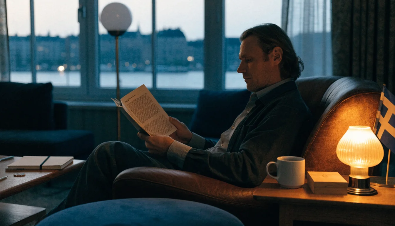 Svensk man som läser en casinoguide i en mysig vardagsrumsbelysning vid skymning