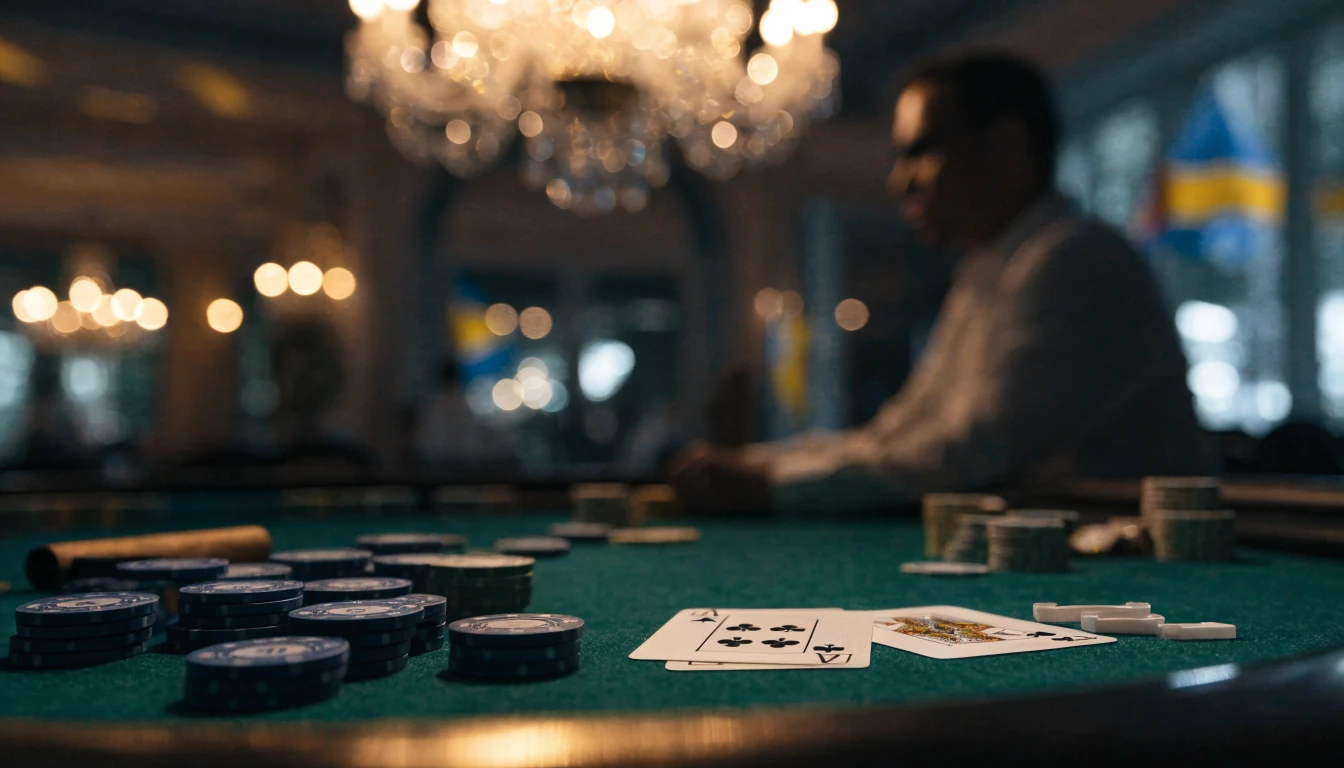 Elegant baccaratbord med marker och kort på grönt filttyg i lyxig casinomiljö