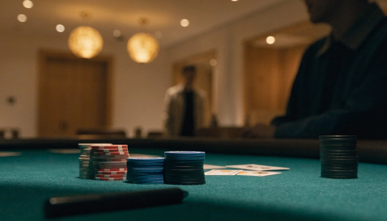 Blackjack-bord med marker och kort i en elegant skandinavisk miljö