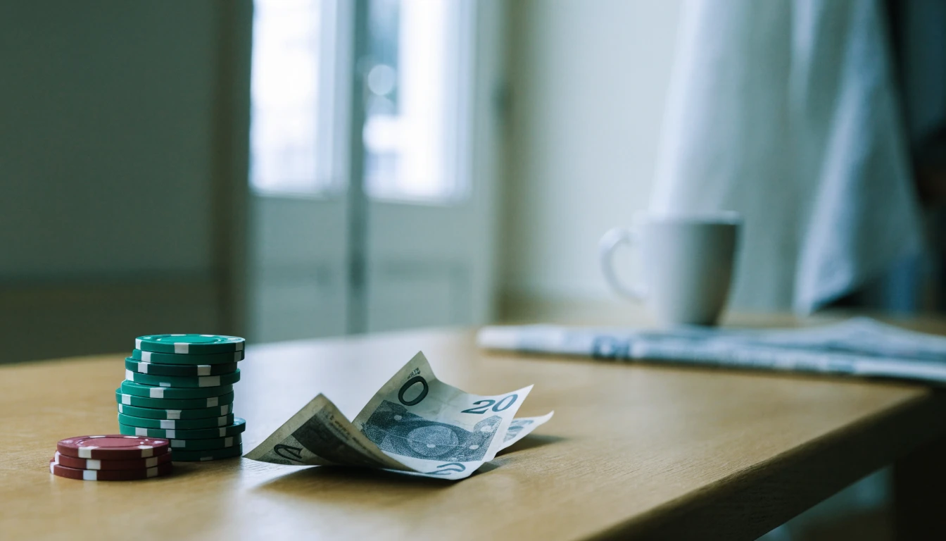 Liten hög casinofickor och svenska kronor på ett ljust ekbord i en skandinavisk inredning.