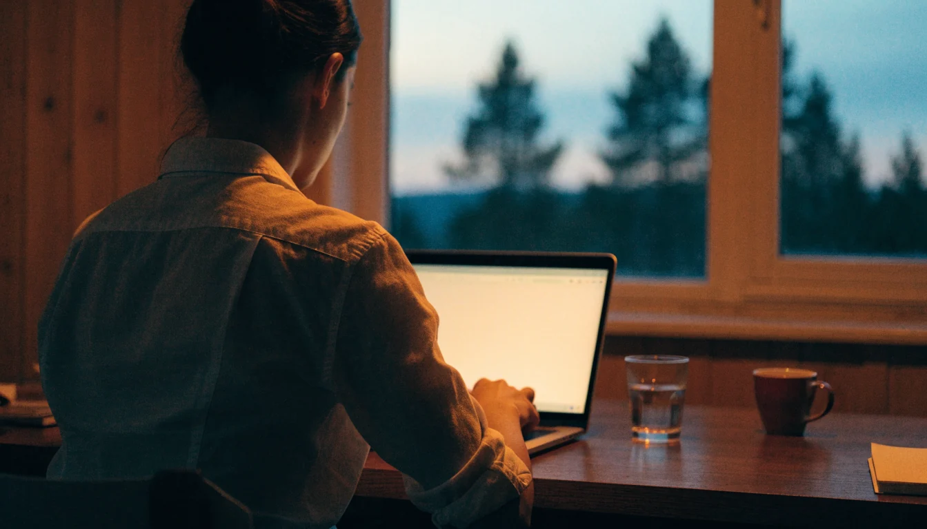 Person vid skrivbord med bärbar dator i svensk hemmiljö