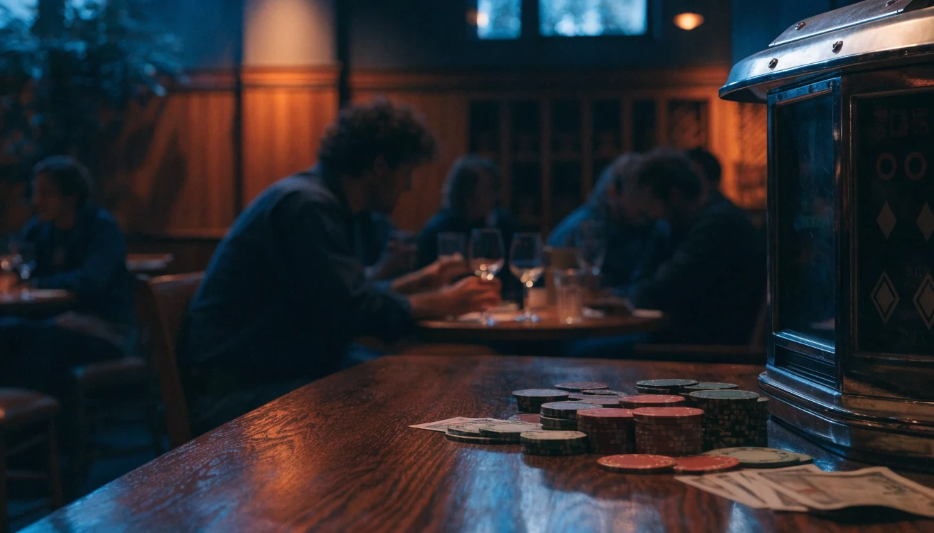 Stämningsfull bild av ett svenskt casinorum med spelautomater och insatser