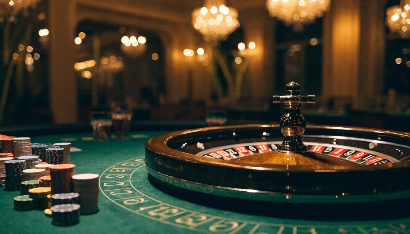 Elegant casinomiljö med roulettehjul och marker i varm belysning