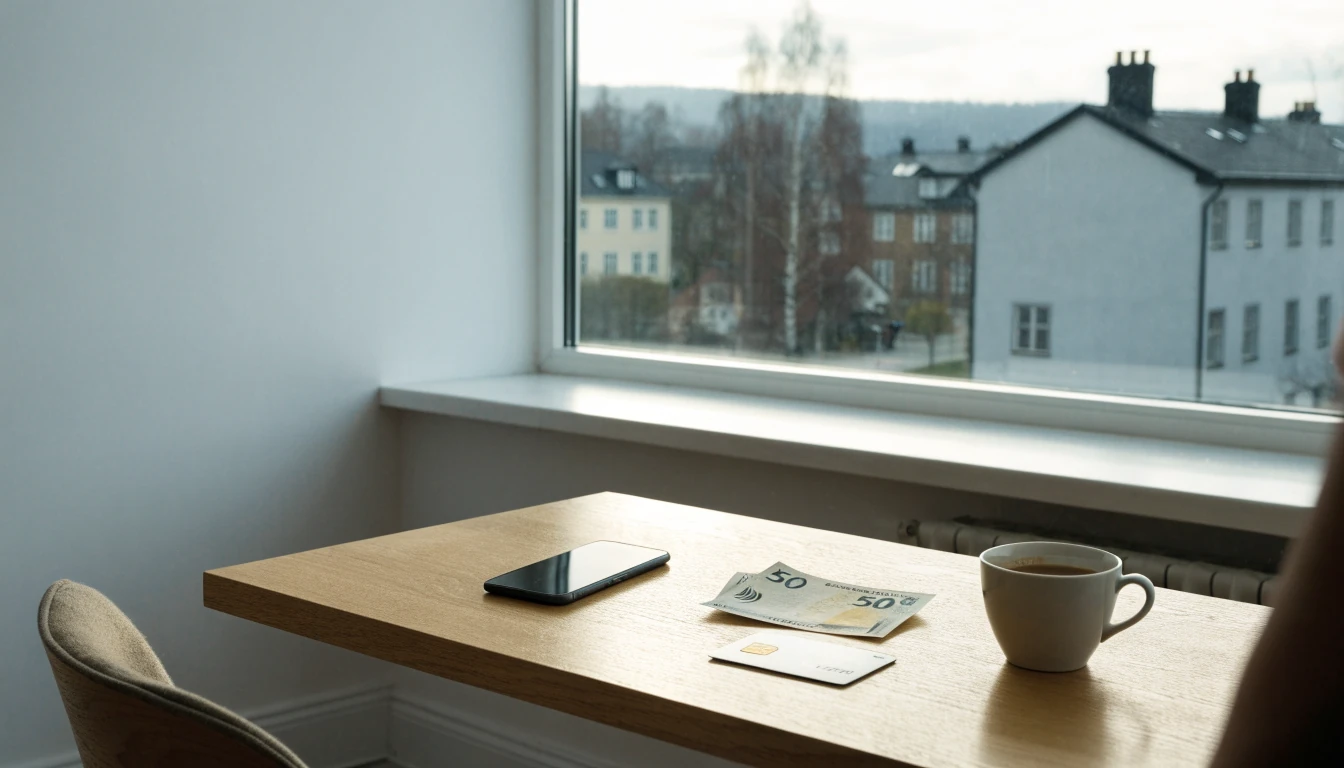 Modernt skandinaviskt skrivbord med kronorsedlar och bankkort vid fönster med dagsljus