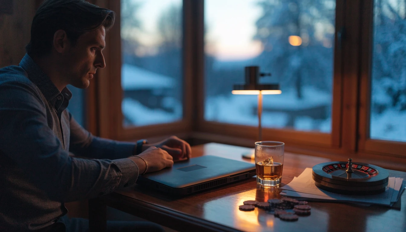 Man vid skrivbordet med stängt laptop, casinoföremål och svenskt vinterlandskap utanför fönstret