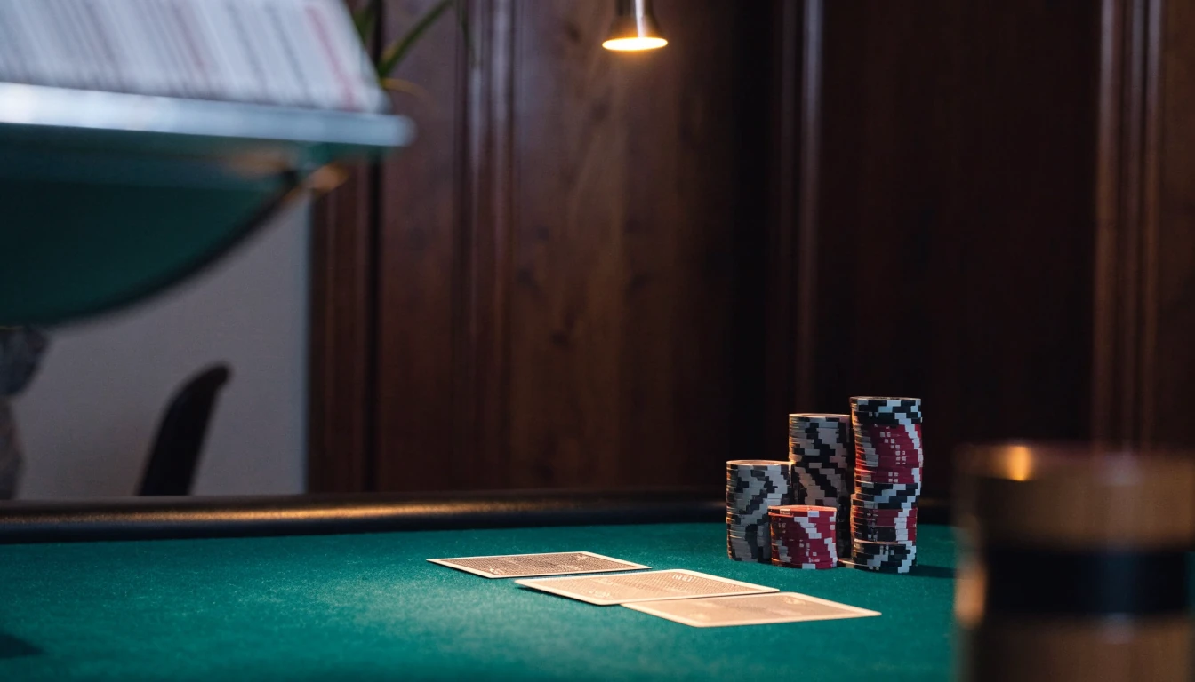 Bord med casinofigurer och kort på filtbord