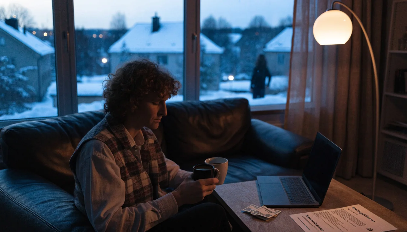 Person i svenskt vardagsrum med stängd laptop och Swelagen-regler vid bordet