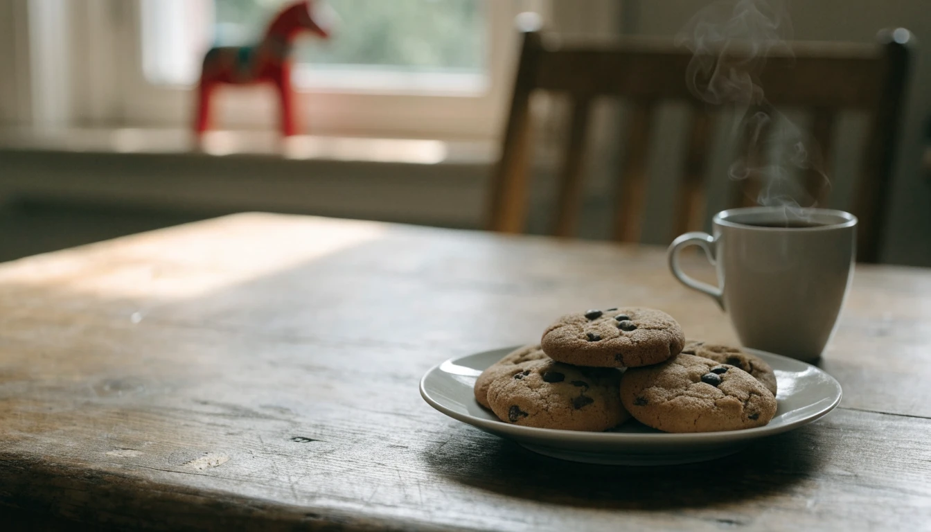 Nybakade kakor och kaffe på ett rustikt träbord i ett svenskt kök