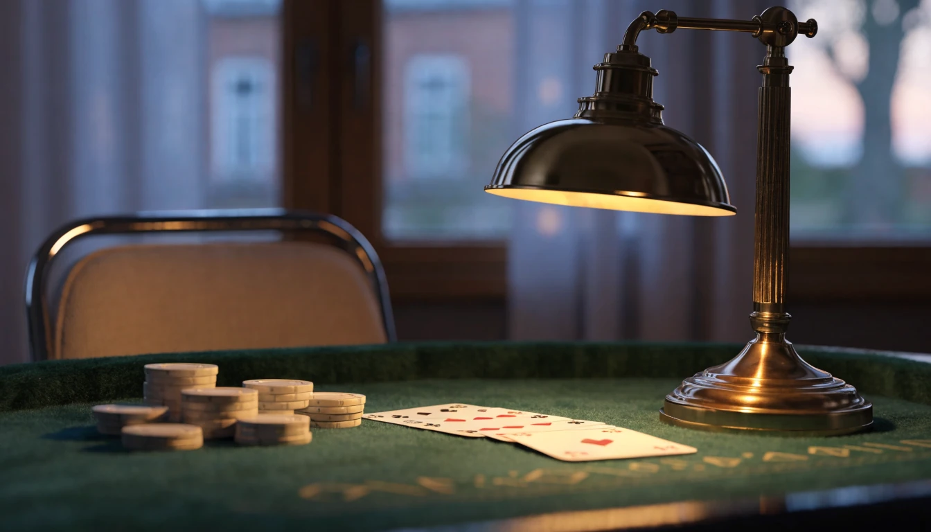 Klassiskt blackjackbord med utdelade kort och marker i varm belysning