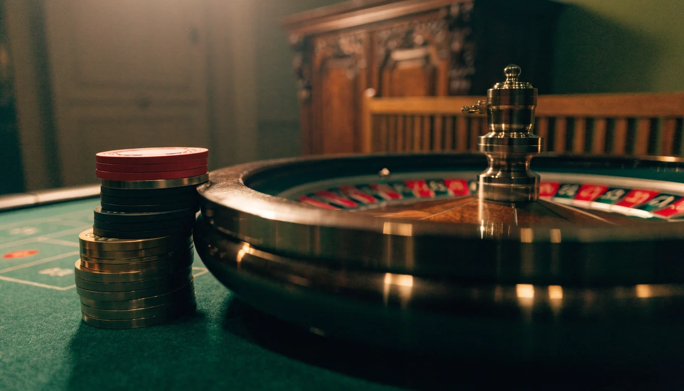 Klassiskt roulettehjul på casinobord med färgglada marker i varm belysning