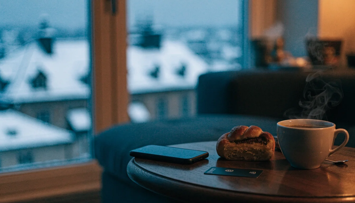 Smartphone, kanelbulle och BankID-kort p soffbord i svensk vintermiljö