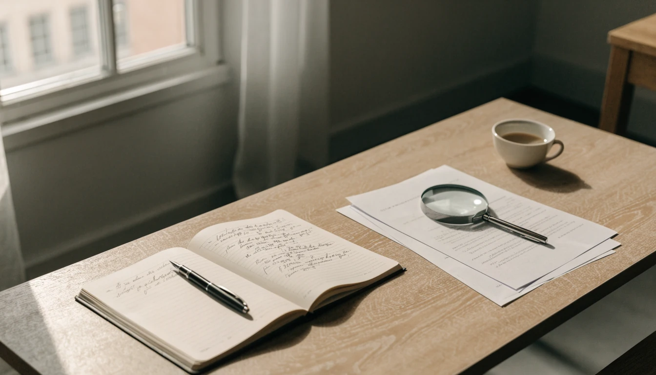 Skrivbord med dokument, förstoringsglas och anteckningsbok — juridisk öppenhet