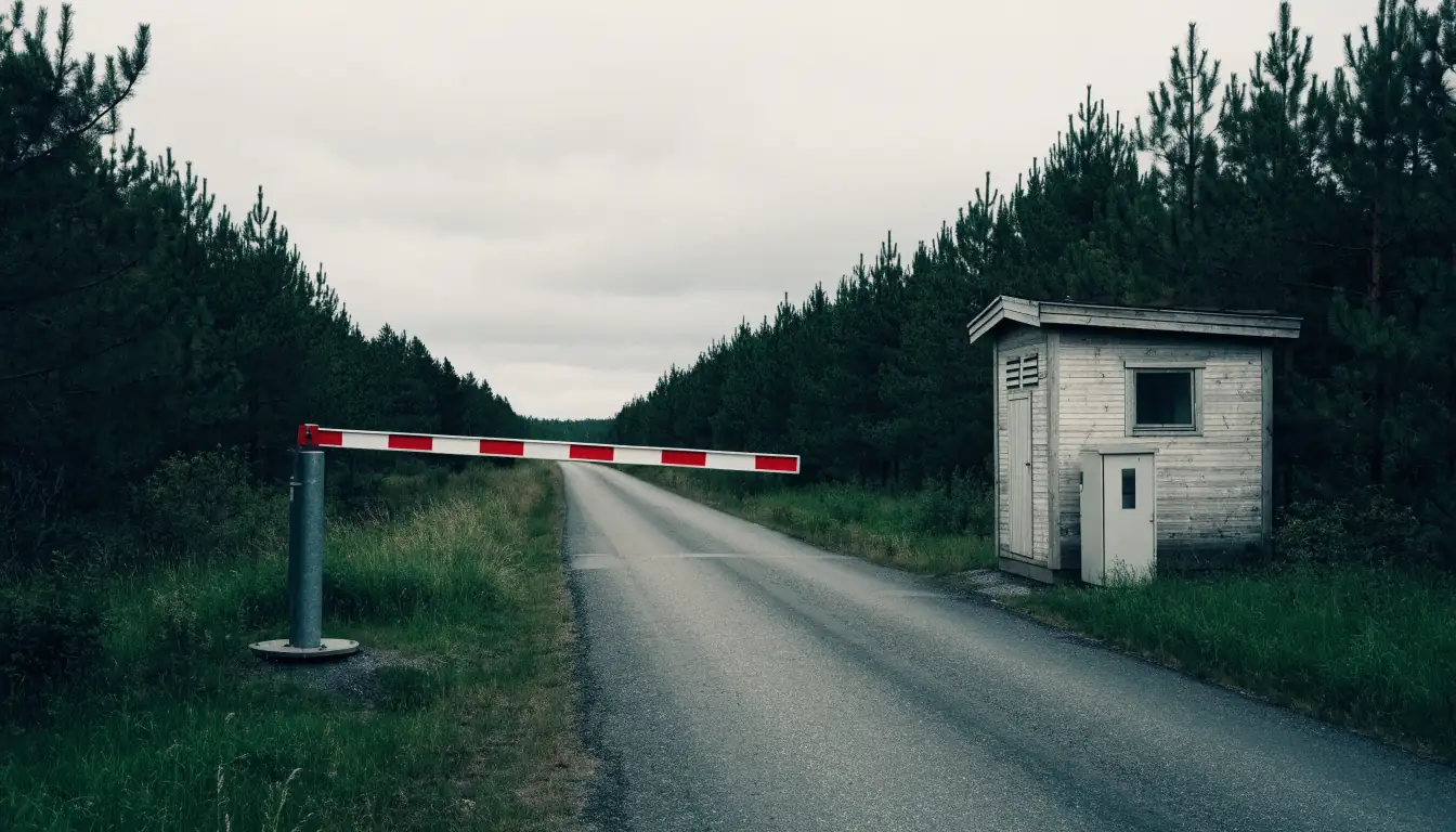 Stängt vägspärr vid en svensk skogsgräns