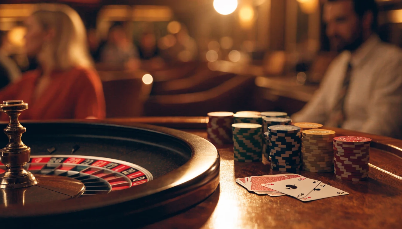 Elegant casinobord med roulette, marker och spelkort i varm belysning