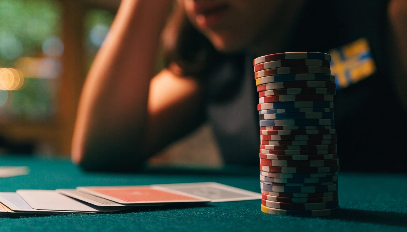 Kortspel och casinomarker upplagda på ett grönt filtbord