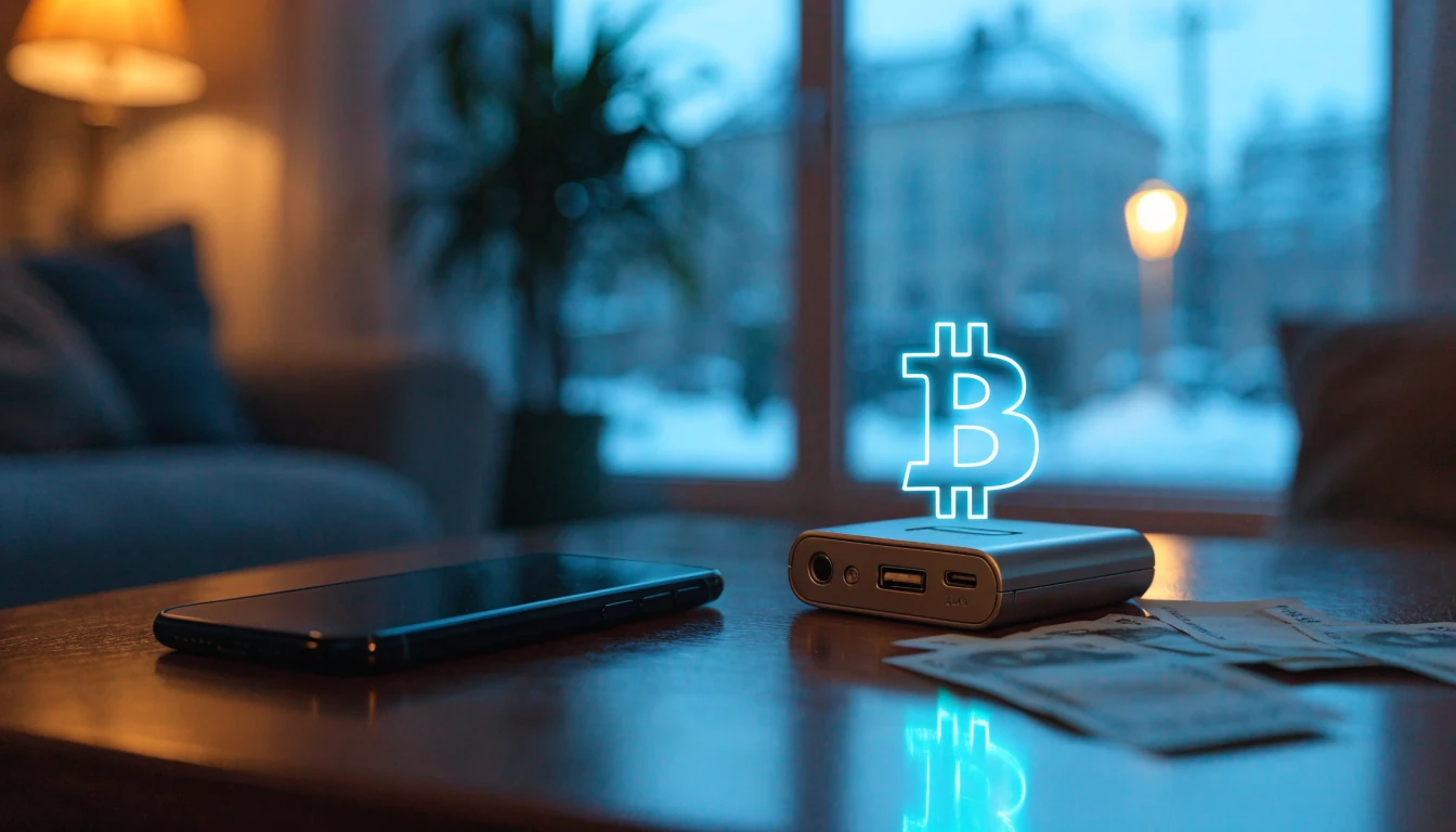 Smartphone och kryptoplånbok på ett svenskt bord med Bitcoin-glow