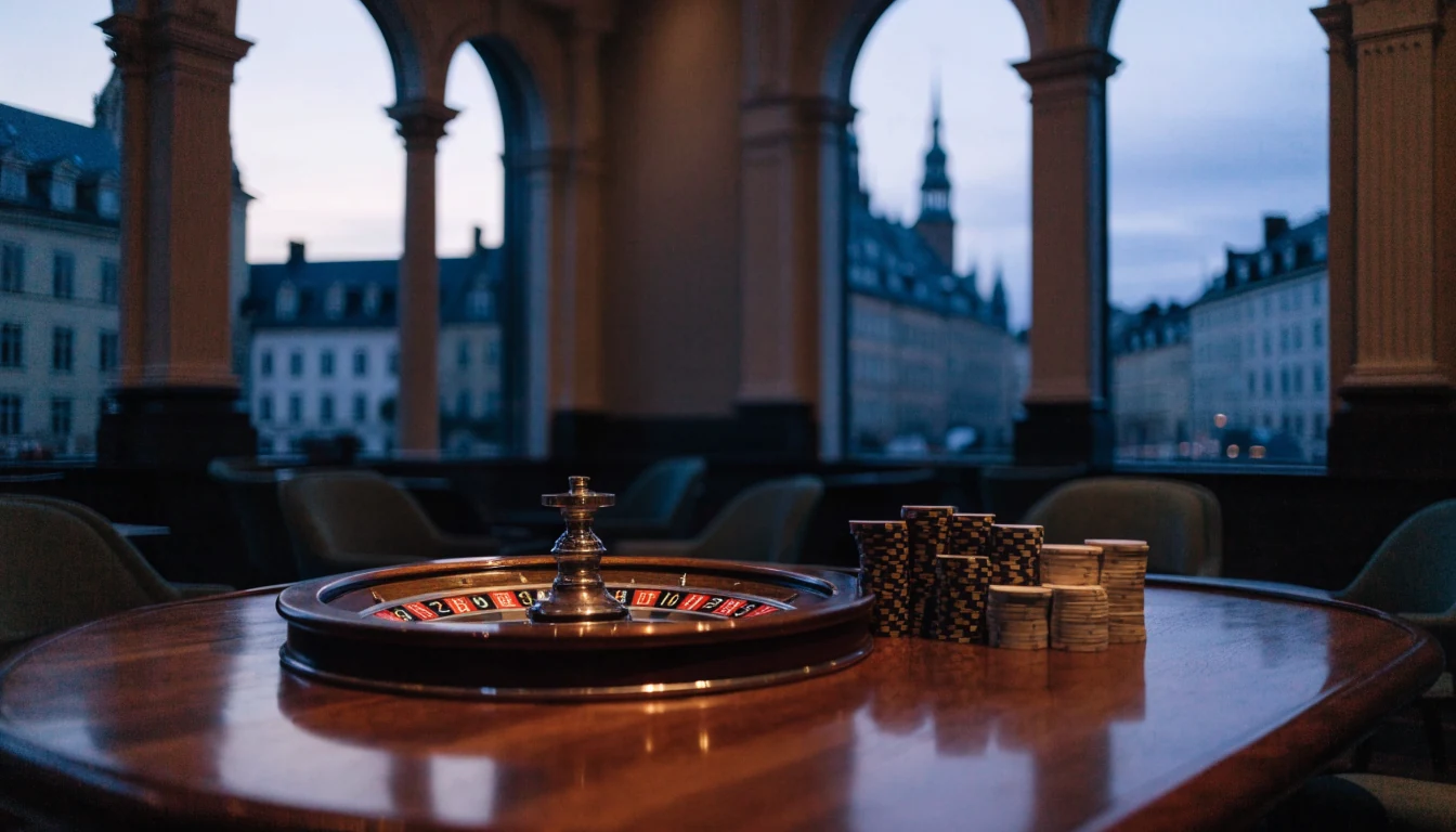 Elegant svenskt casinointeriör med roulettebord och utsikt över Stockholm i skymning