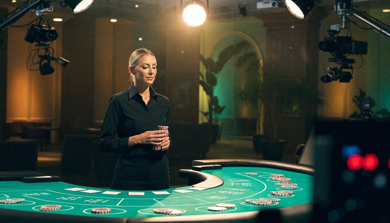 Live dealer vid blackjackbord i modern casinostudio