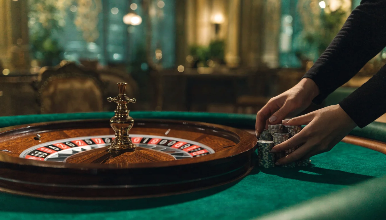 Live roulette-bord med croupier och snurrande hjul i studio