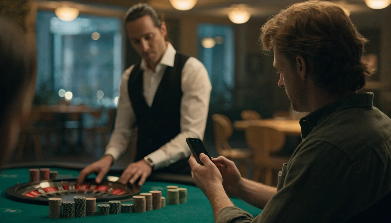 Live dealer vid roulettebord i studio, spelare med smartphone