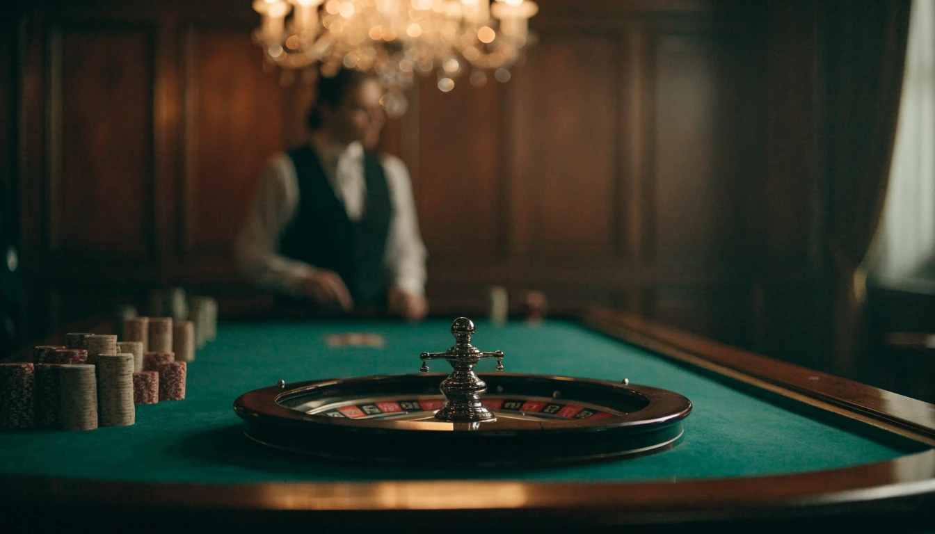 Elegant live casino-bord med roulettehjul och marker i varm belysning