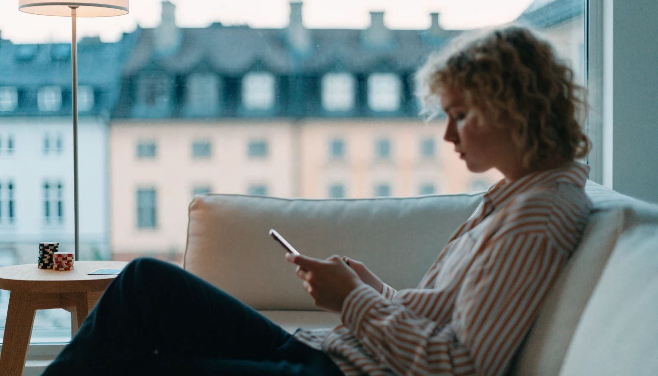 Avslappnad person med smartphone i skandinavisk inredning med spelmark och kort