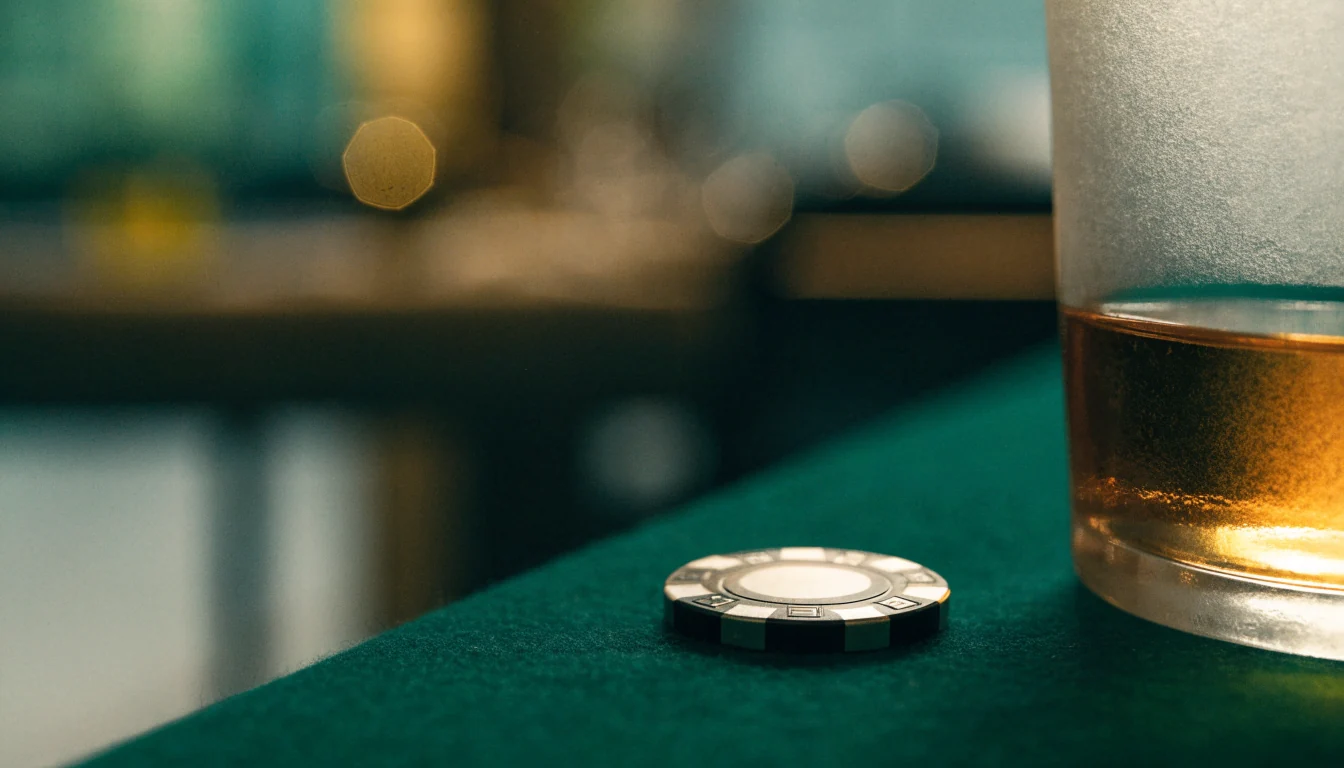 En casinobricka i grönt på ett filtbord med ett glas bredvid.