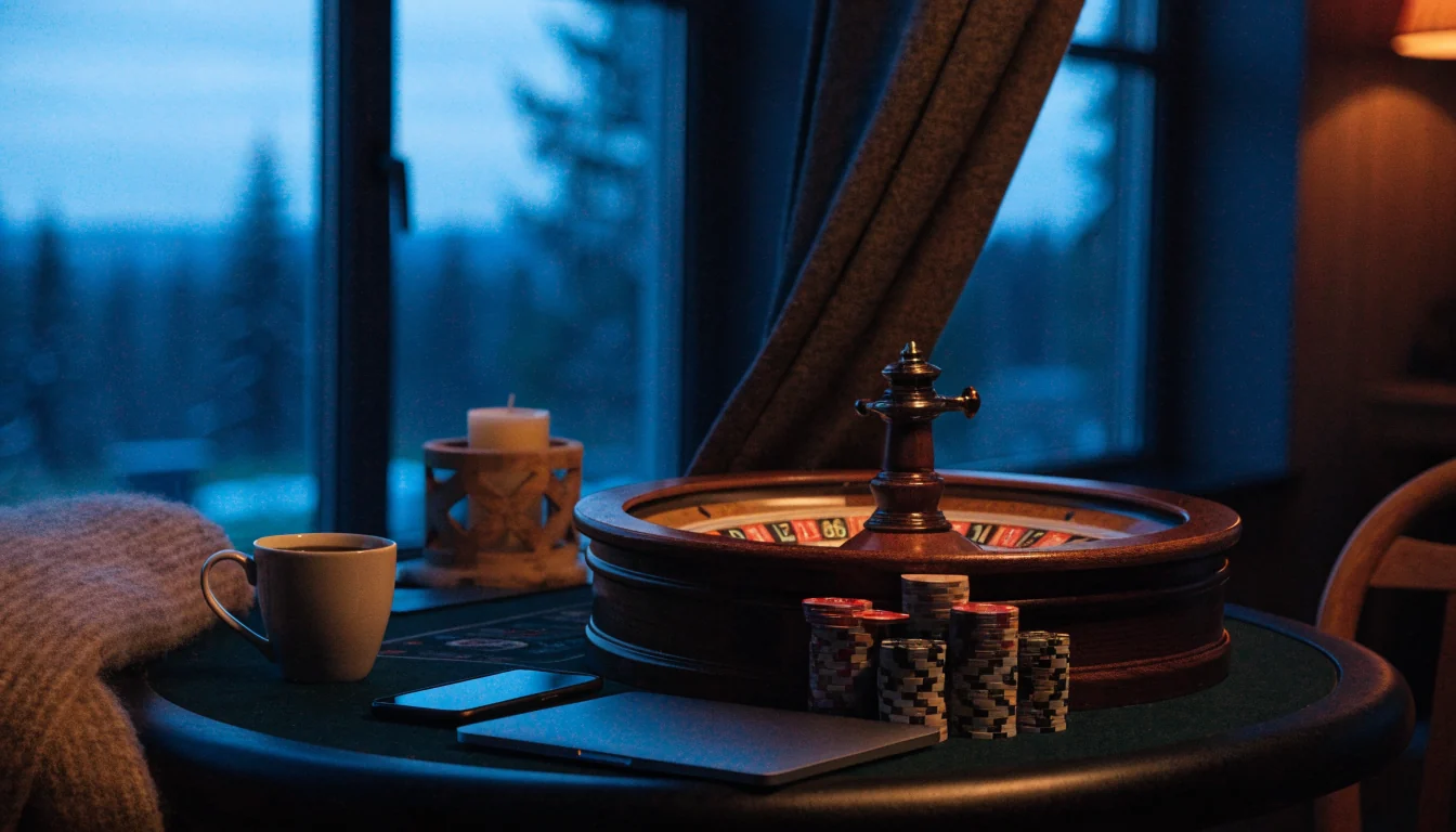 Roulettehjul med casinomarker i stämningsfullt skandinaviskt rum med vinterljus