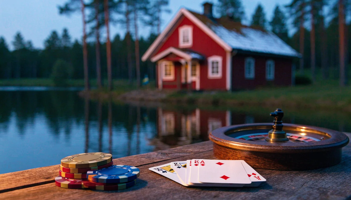Svensk stuga vid sjö med casinofärger och spelmarker