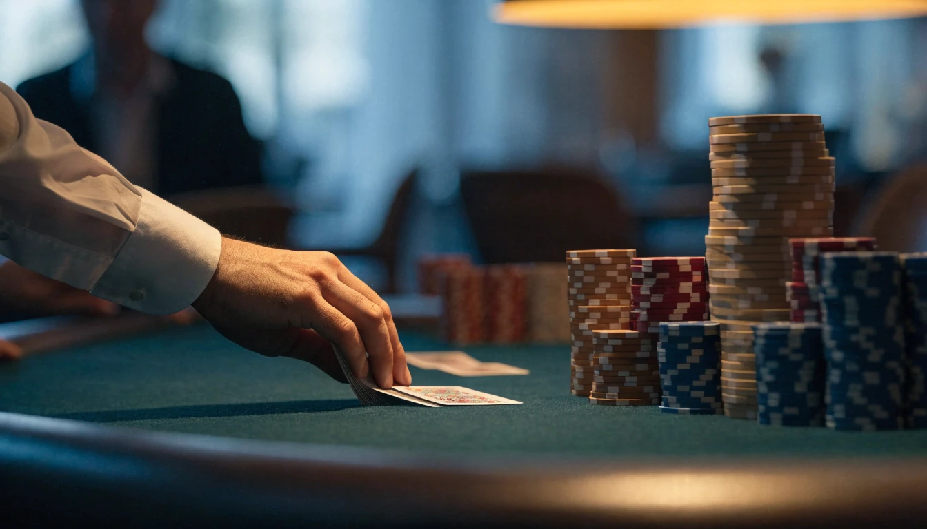 Närbild av ett elegant blackjackbord i skandinavisk casinomiljö med färgglada marker