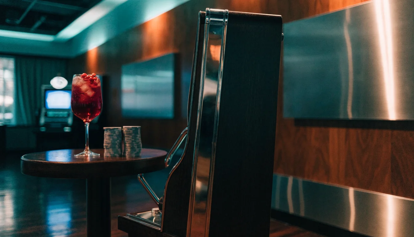 Klassisk spelautomat i en stilfull svensk casinolounge med varm belysning