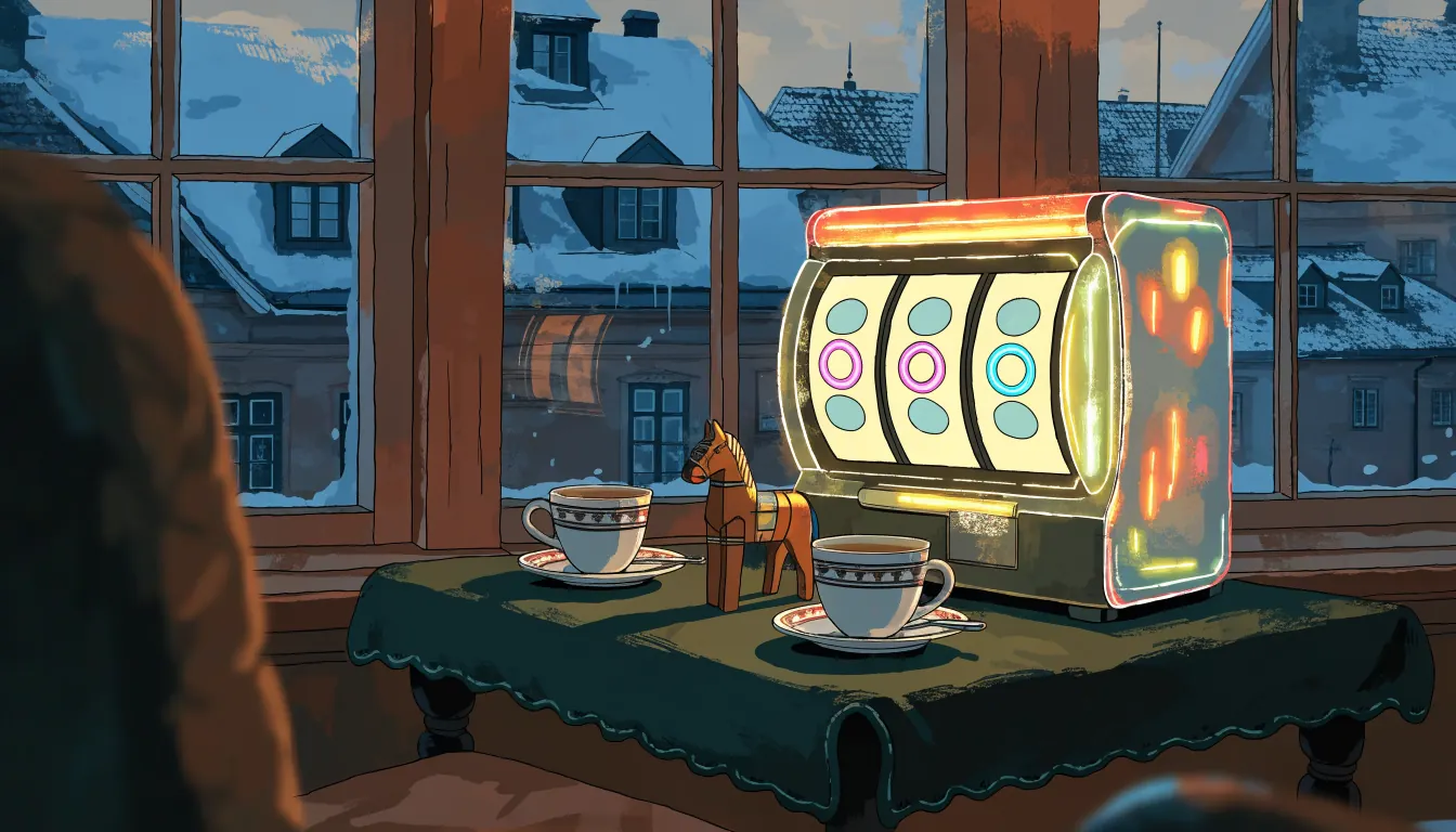 Modern spelautomat i mysig svensk lägenhet med snötäckt Stockholmsutsikt
