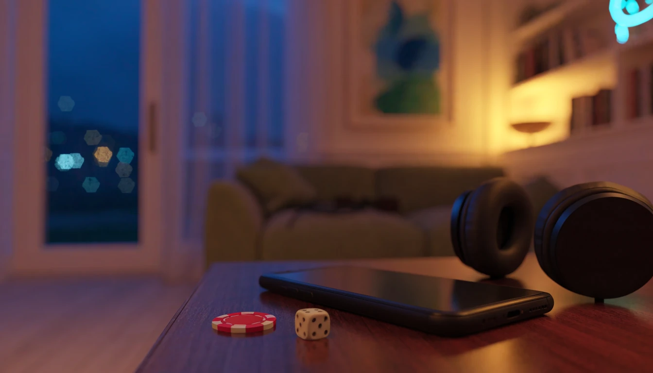 Modern telefon och casinotema på soffbord i svensk vardagsrum