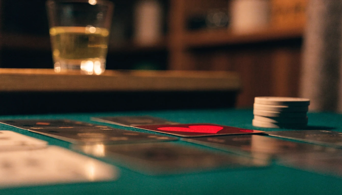 Spelkort och marker på ett grönt blackjackbord i varm belysning